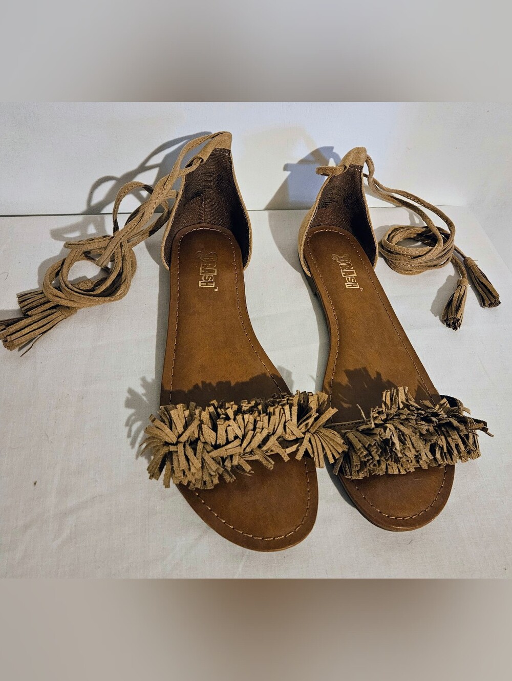 Brash Trixie Tie Up Fringe Sandals Brown Faux Suede Boho Women's 7.5